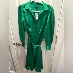 NWT Ann Taylor Green Satin Longsleeve Tie Waist Dress